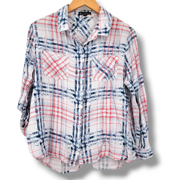 Signature Studio Women's Plaid Button Down Roll Tab Sleeve Shirt Red White‎ Blue - Picture 1 of 11